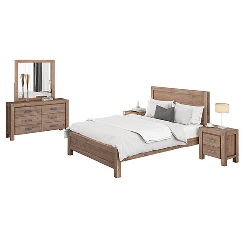 4 Pieces Bedroom Suite in Solid Wood Veneered Acacia Construction Timber Slat Queen Size Chocolate Colour Bed, Bedside Table & Dresser on Sale