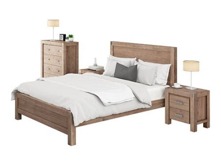 4 Pieces Bedroom Suite in Solid Wood Veneered Acacia Construction Timber Slat Double Size Oak Colour Bed, Bedside Table & Tallboy Online